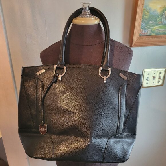 Michael Kors Saffiano Leather Tote Bag With Dual Handles & Silver Hardware - Bla - Picture 1 of 15